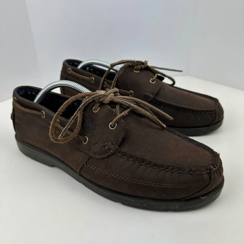 Timberland Mens Boat Shoes Dark Brown Leather Moc Toe Loafers Nautical Size 10